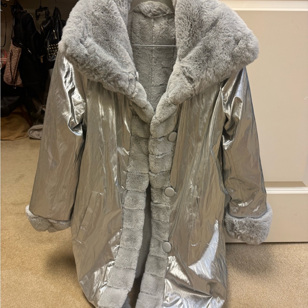 Joseph Ribkoff Silver Faux Fur Reversible Coat - Picture 12 of 15